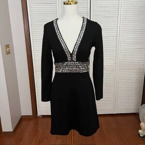 VENUS PLUNGING EMBELLISHED DRESS RHINESTONES LONG SLEEVE SIZE 4